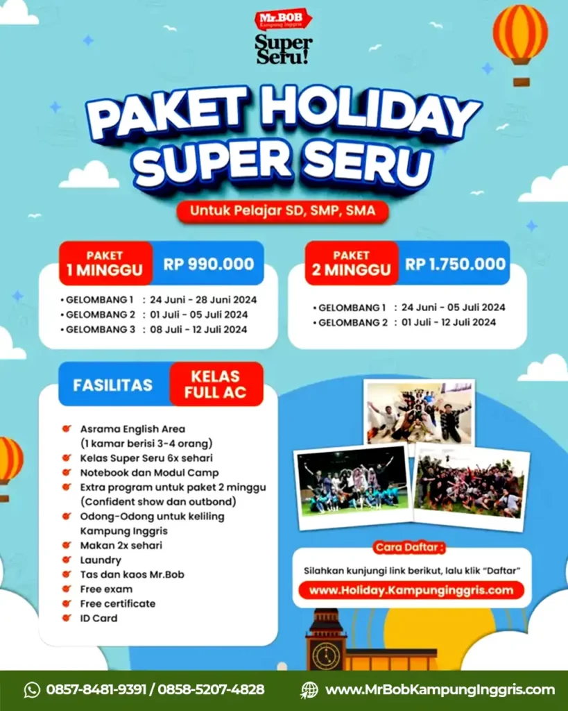 paket holiday 2024 mr bob kampung inggris pare kediri